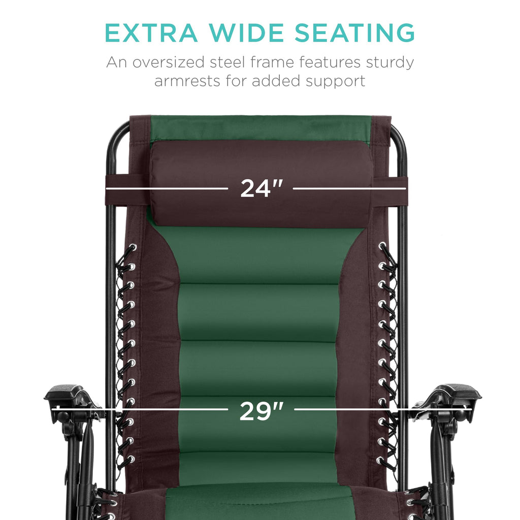 Best Choice Products Oversized Padded Zero Gravity Chair, Folding Outdoor Patio Recliner, Xl Anti Gravity Lounger For Backyard W/Headrest, Cup Holder, Side Tray, Polyester Mesh - Espresso/Green