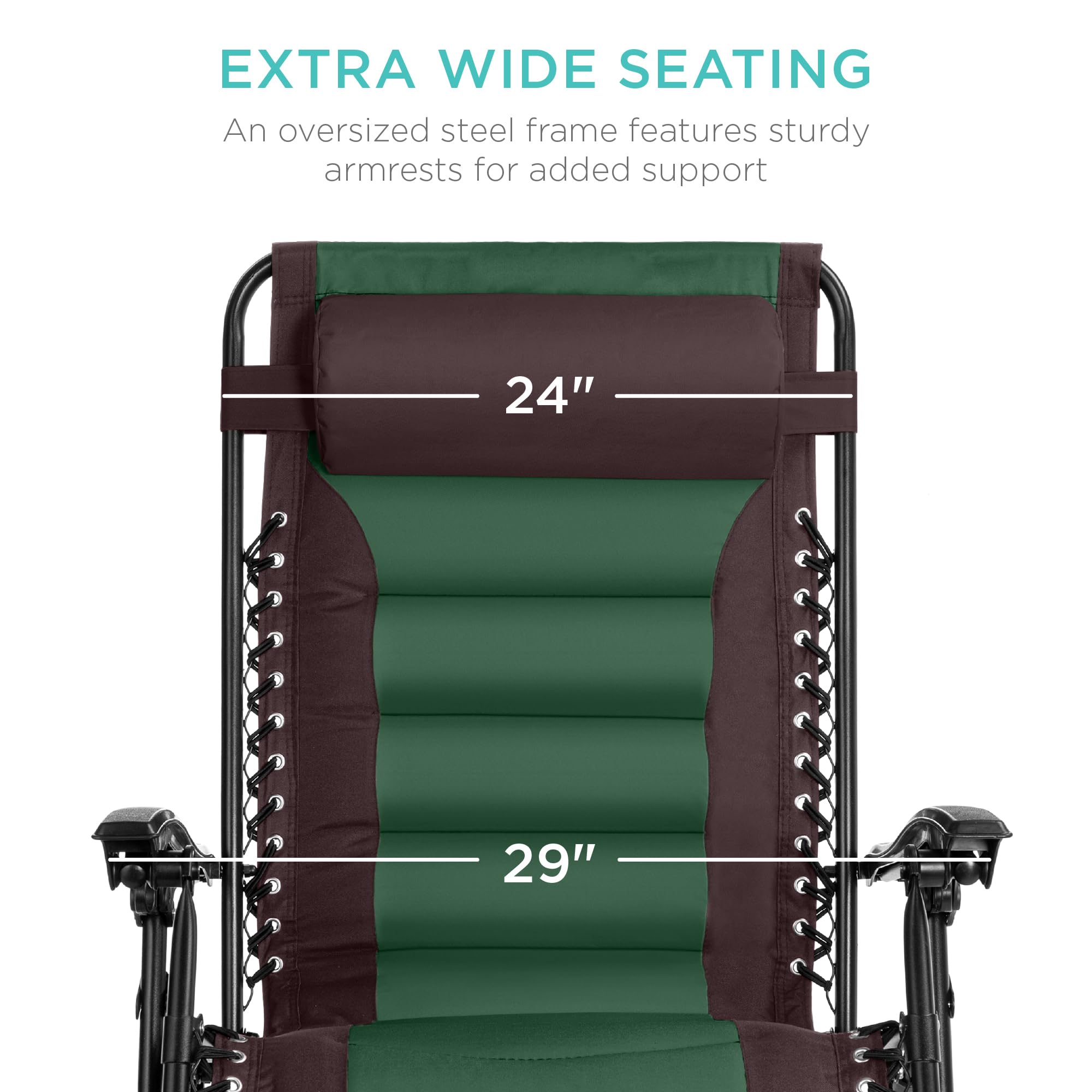 Best Choice Products Oversized Padded Zero Gravity Chair, Folding Outdoor Patio Recliner, Xl Anti Gravity Lounger For Backyard W/Headrest, Cup Holder, Side Tray, Polyester Mesh - Espresso/Green
