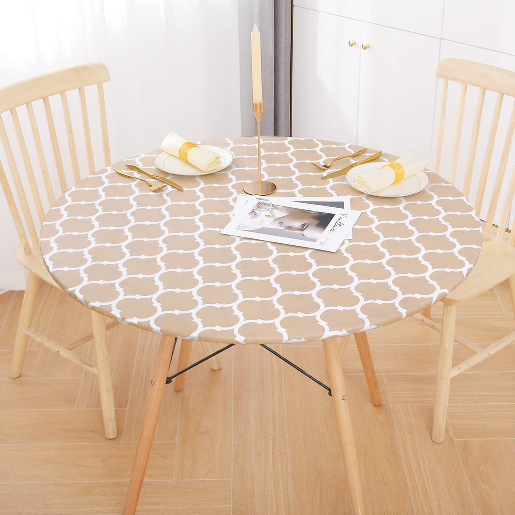 Smiry Round Picnic Tablecloth, Waterproof Elastic Fitted Table Covers For 57' - 68' Tables, Wipeable Flannel Backed Vinyl Tablecloths For Camping, Indoor, Outdoor, Khaki & White