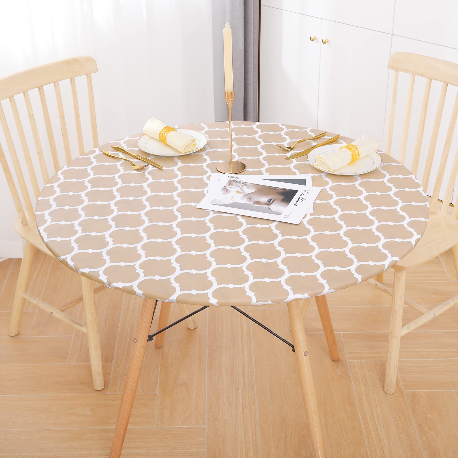 Smiry Round Picnic Tablecloth, Waterproof Elastic Fitted Table Covers For 57' - 68' Tables, Wipeable Flannel Backed Vinyl Tablecloths For Camping, Indoor, Outdoor, Khaki & White