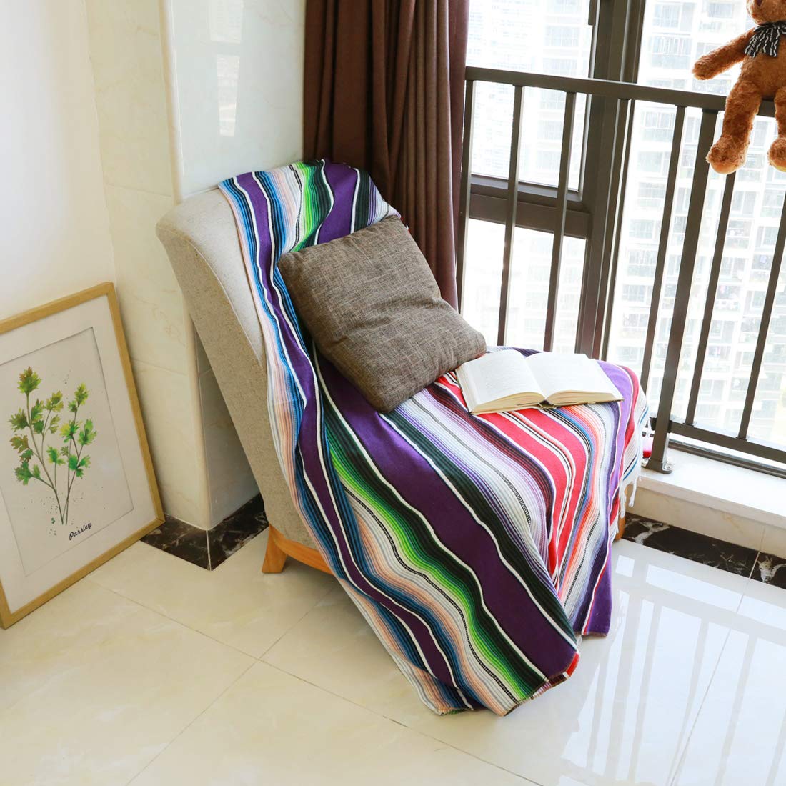 84 X 59 Inch Mexican Serape Blanket Bay Window Blanket, Mexican Tablecloth Bed Blanket Table Cover Tapestry Blanket Picnic Mat F