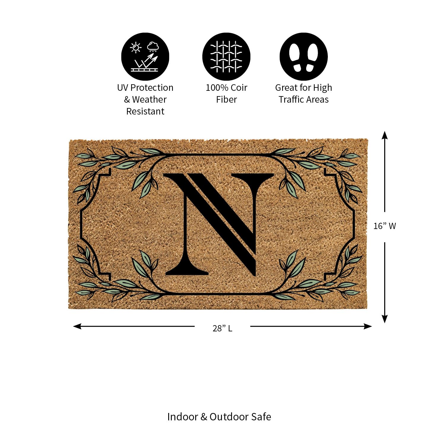 Evergreen Monogram Coir Doormat | Letter N | Front Door Mat For Outdoor Indoor Entrance | 28X16 Inches | Non-Slip Backing Doorwa