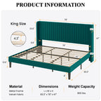 Sha Cerlin King Size Velvet Bed Frame With Vertical Channel Tufted Wingback Headboard, Upholstered Platform Bed With Wood Slats, No Box Spring Needed, Easy Assembly, Teal