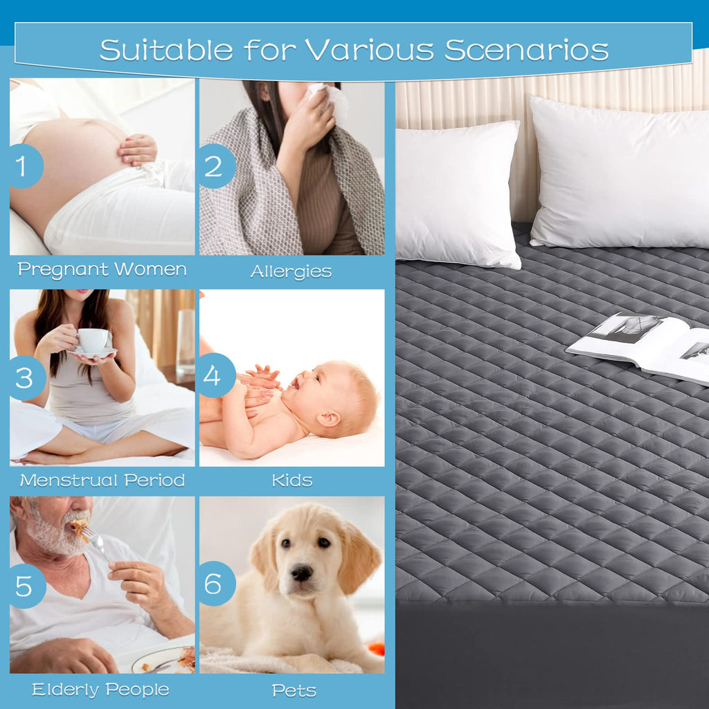 Grt Queen Size Grey Quilted Fitted Mattress Pad, 100% Waterproof Breathable Mattress Protector, Noiseless Hollow Cotton Mattress