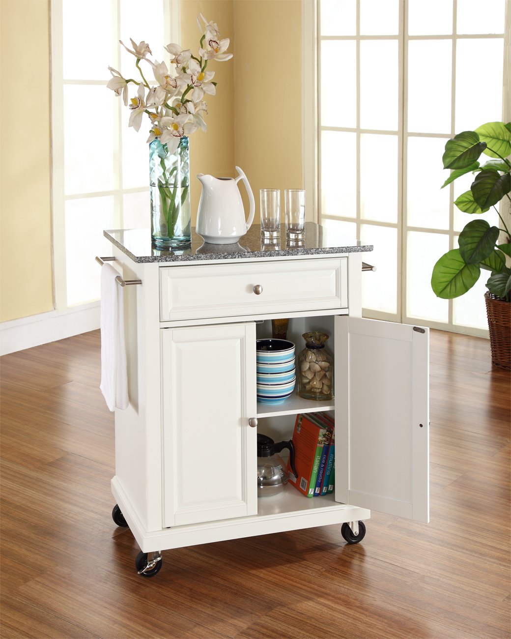 Crosley Furniture Compact Granite Top Small Rolling Cart with Shelves, Microwave Stand with Towel Rack, White