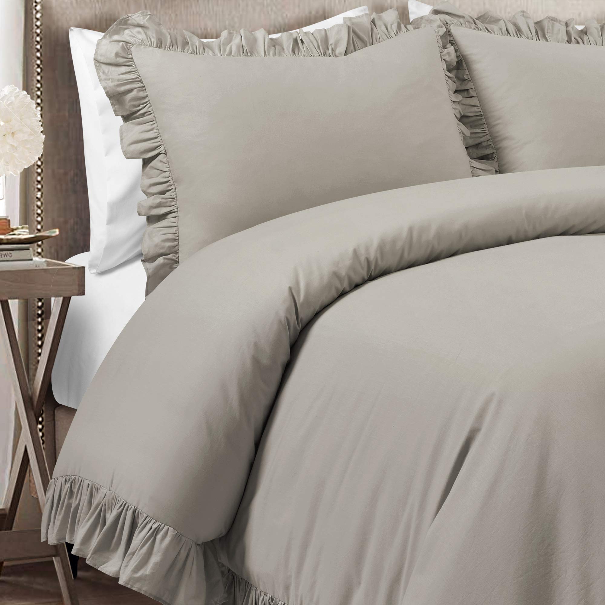 Lush Decor Reyna Ruffle 100% Cotton Duvet Cover Set - 3 Piece Cozy Ruffled Bedding Set - Timeless Elegance And Comfort - King, G