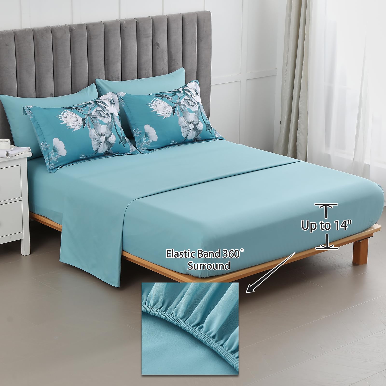 Luxudecor Floral Comforter Set King Size 7 Piece, Teal Blue Flower Bed In A Bag, Elegant Comforter Bedding Set For All Season (T