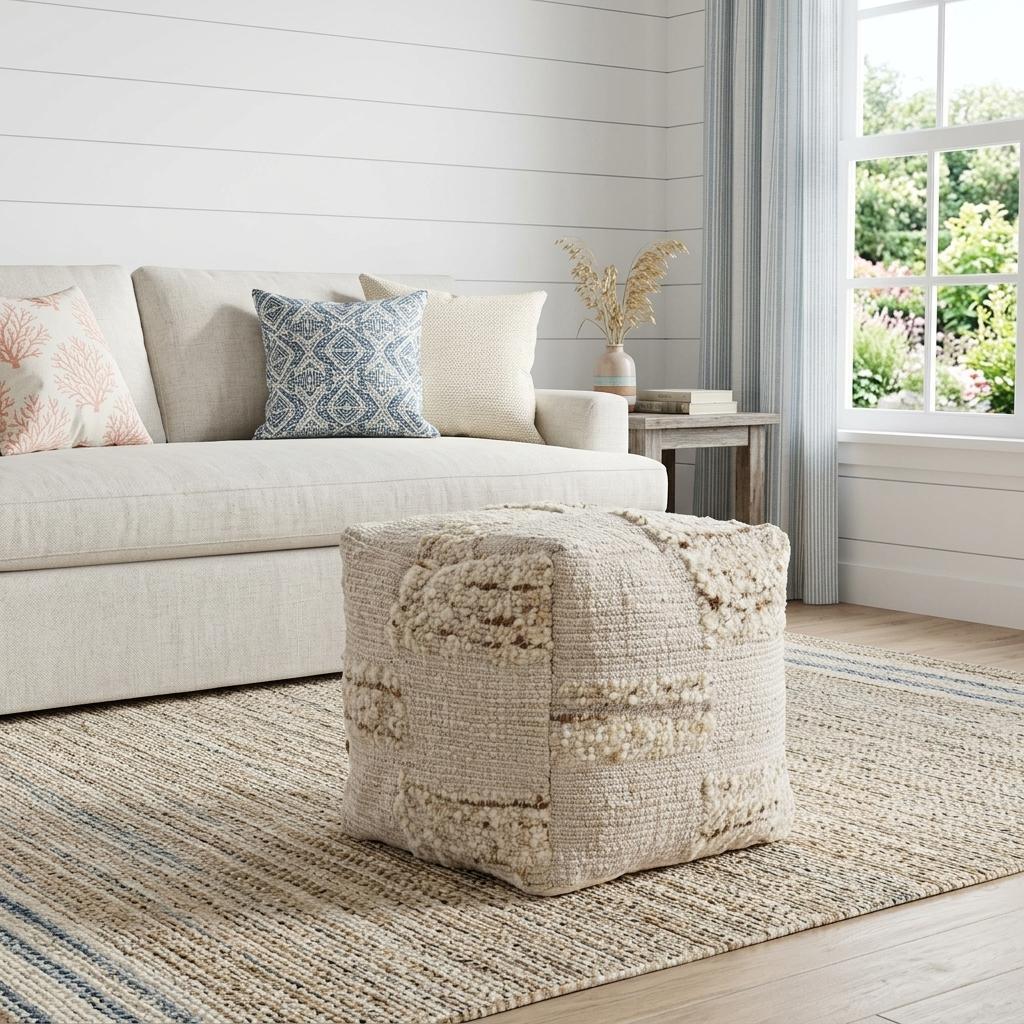 18 Inch Off White And Natural Cotton Jute And Wool Checkered Cube Pouf Ottoman