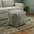 18 Inch Ivory And Light Gray Upholstery Medallion Cube Pouf Ottoman