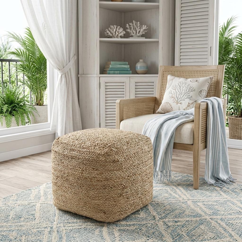 18 Inch Beige Jute Pouf Ottoman