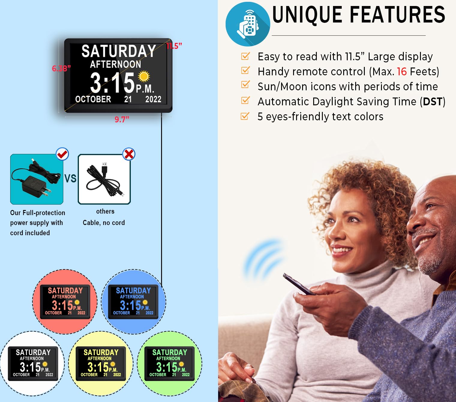 Maxculux ?Upgraded? 11.5'' Large Digtal Clock With Day And Date For Seniors, Auto Dst, 19 Alarms & Auto Dimmable, Non-Abbreviate