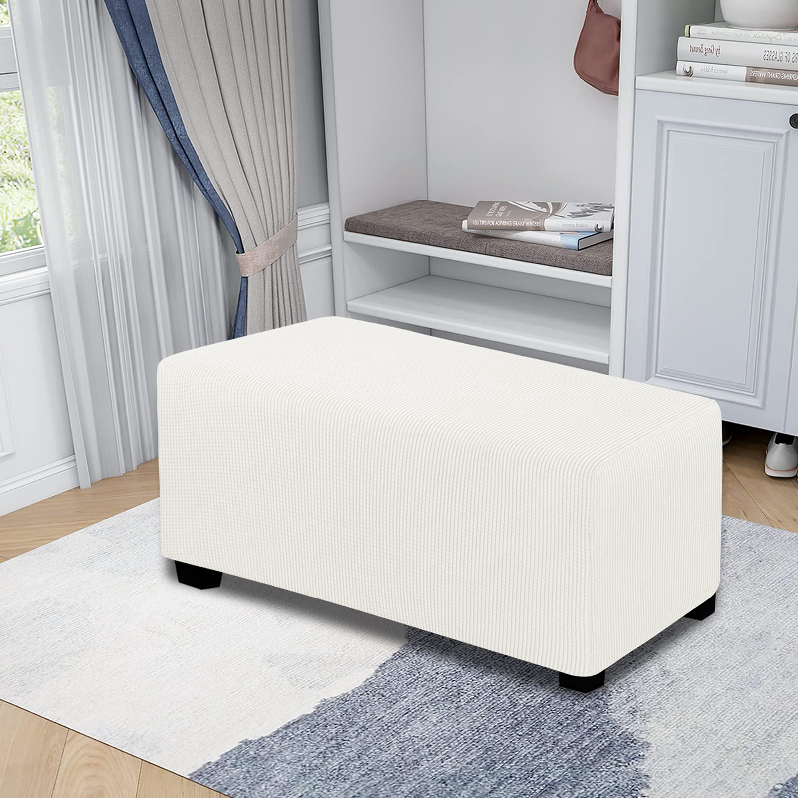 Easy-Going Stretch Ottoman Cover Folding Storage Stool Furniture Protector Soft Rectangle Slipcover With Elastic Bottom (Ottoman Large,Cream)