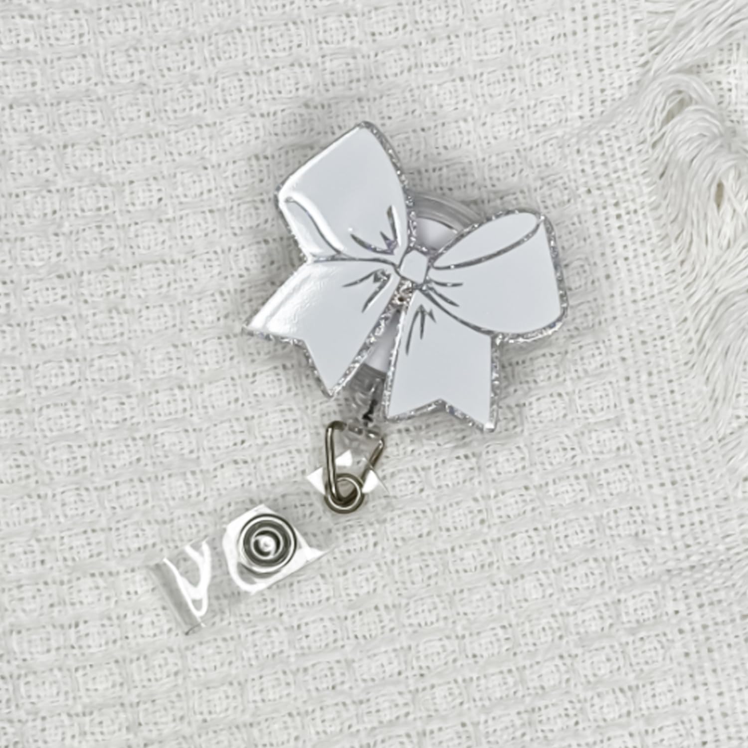Valentines Day Badge Reel,Grey Bow Badge Reels Retractable,Silver Glitter Retractable Badge Holder With Swivel Alligator Clip,Re