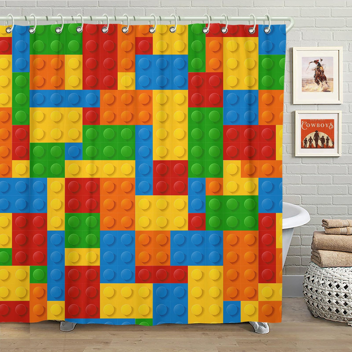Faitove Kids Shower Curtain For Bathroom Boys Girls Funny Fabric Colorful Blocks Shower Curtain Set Yellow Red Blue Green Waterp