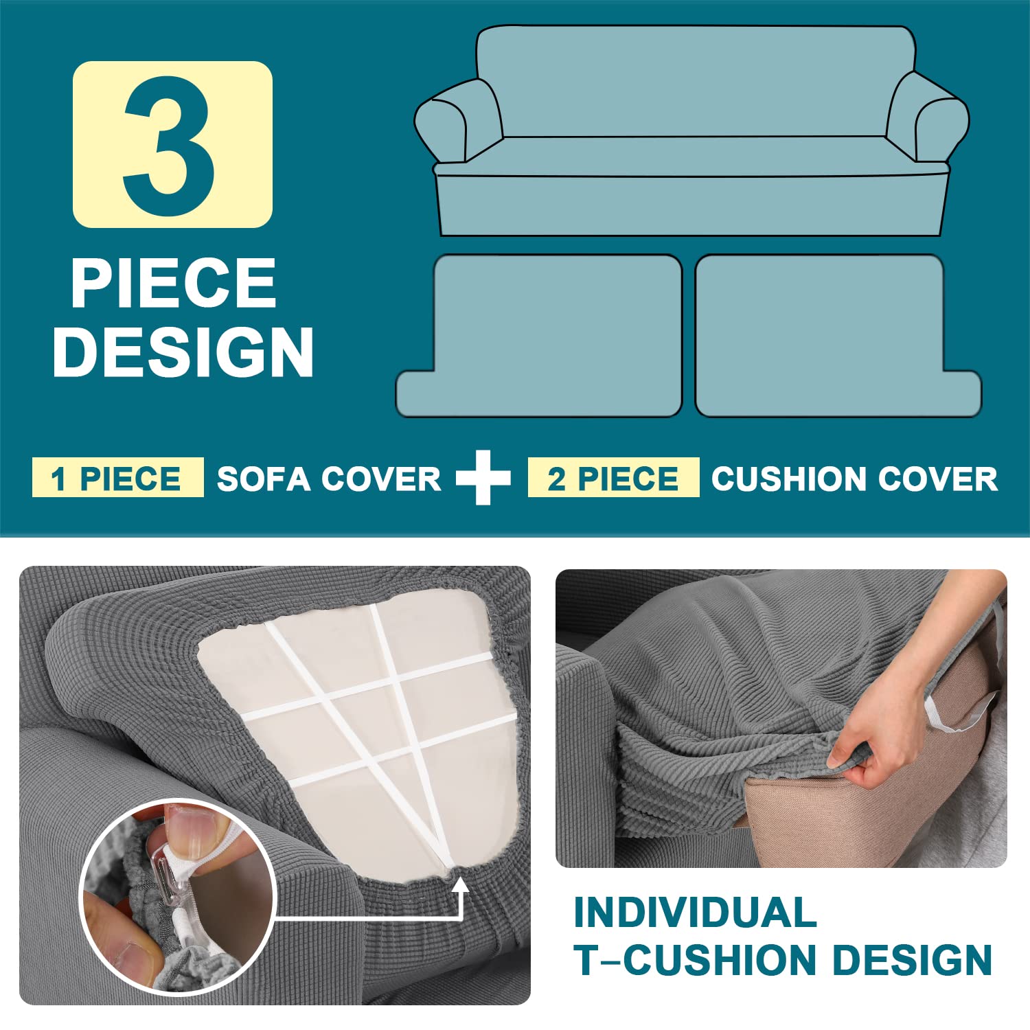 Turquoize 3 Piece T Cushion Loveseat Slipcovers Sofa Cover For 2 Cushion Couch Cover Washable Sofa Slip Cover Furniture Covers With 2 Individual T Cushion Seat Covers (2 Cushion Loveseat, Dove)