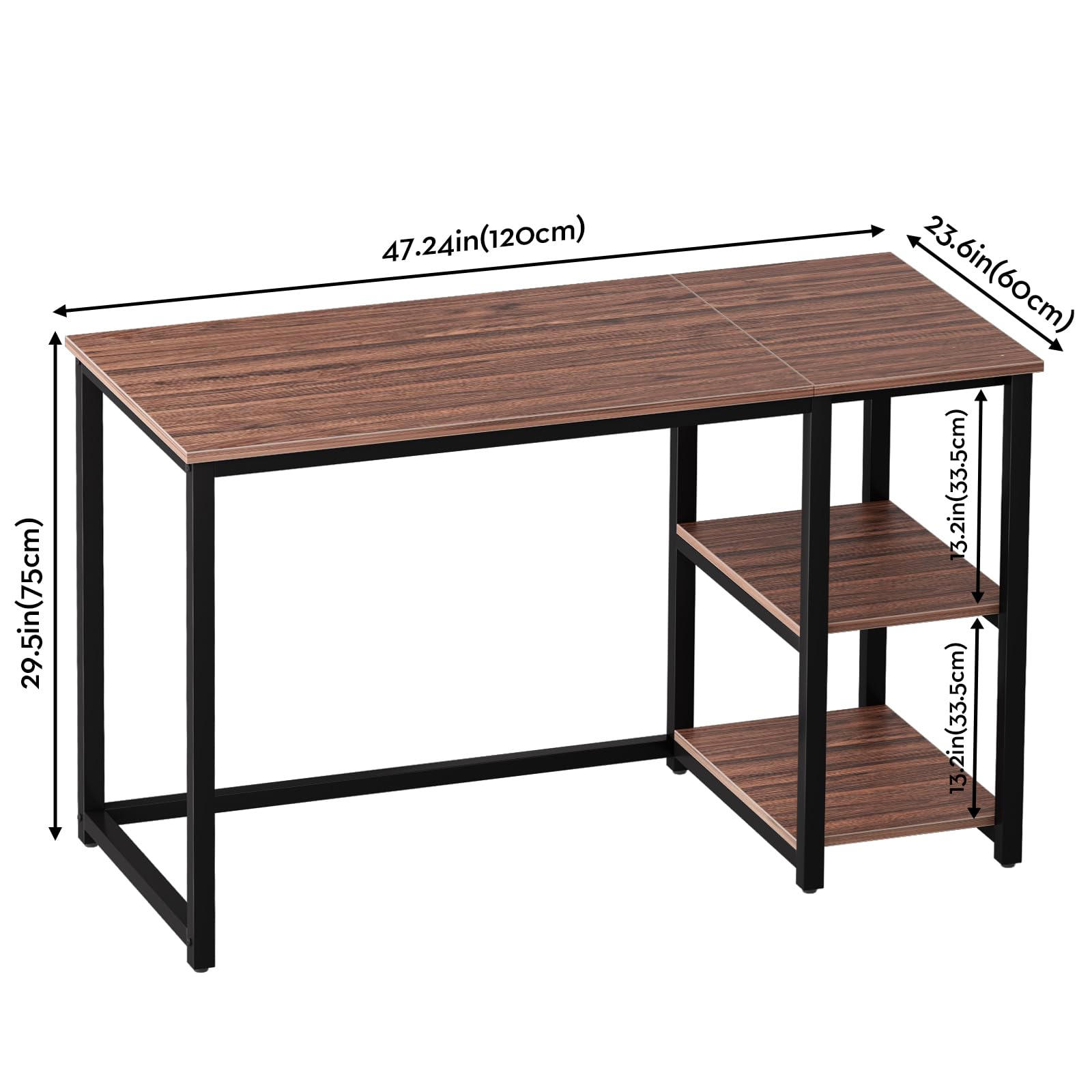 Sinpaid Computer Desk 47 Inches With 2-Tier Shelves Sturdy Home Office Desk With Large Storage Space Modern Gaming Desk Study Writing Laptop Table, Brown