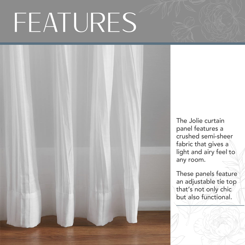 Elrene Home Fashions Jolie Crushed Semi-Sheer Window Curtain, Adjustable Tie-Top Single Panel, 52'' X 95'' (1 Panel), White