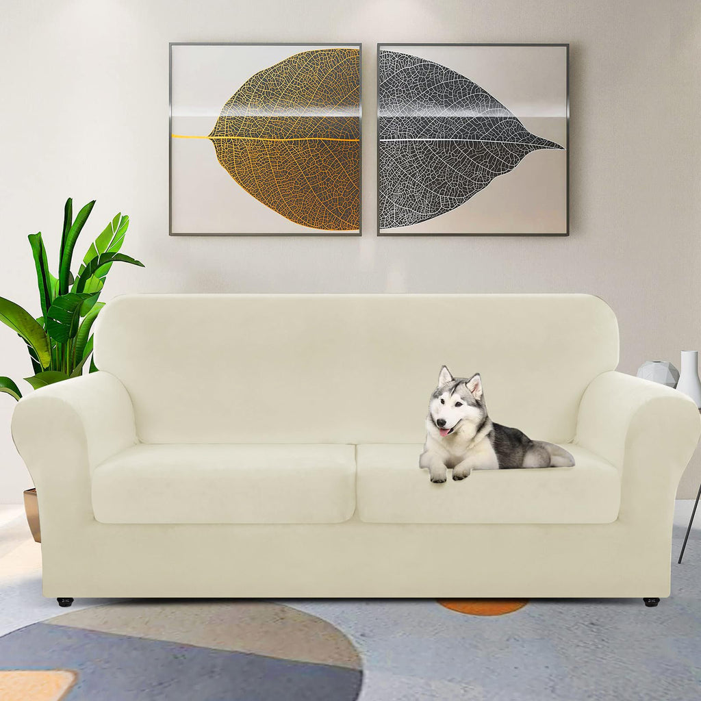 Znsayotx Oversized Velvet 3 Piece Couch Cover With 2 Extra Large Seat Cushion Covers Stretch Sofa Cover For 2 Cushion Couch Thick Soft Loveseat Sofa Slipcover (Beige),71'-91'(2 Cushions)