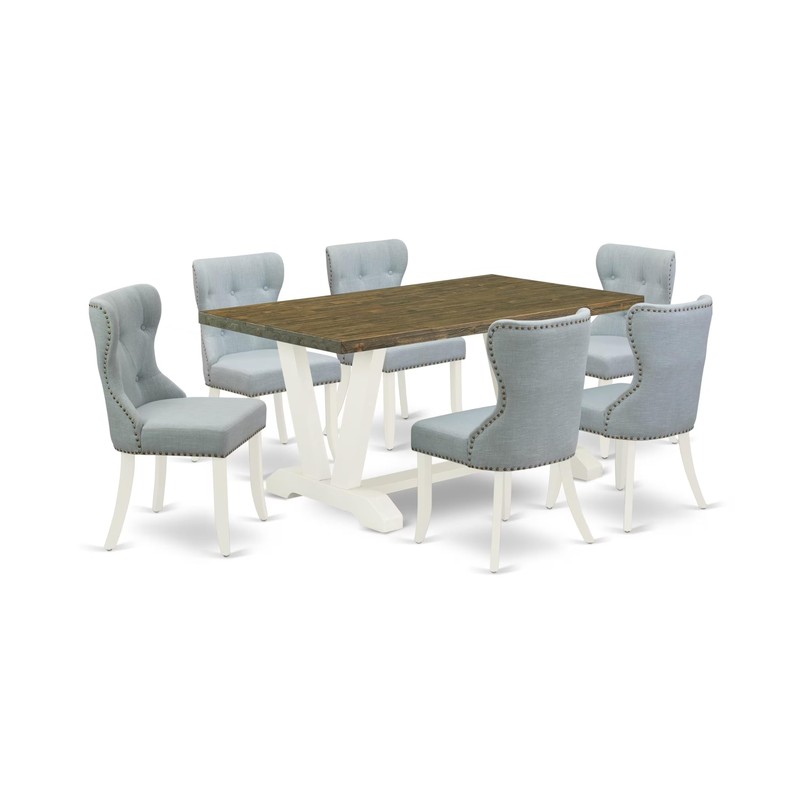 East West Furniture V076Si215-7 7 Piece Dining Set Consist Of A Rectangle Dining Room Table With V-Legs And 6 Baby Blue Linen Fabric Upholstered Chairs, 36X60 Inch, Multi-Color
