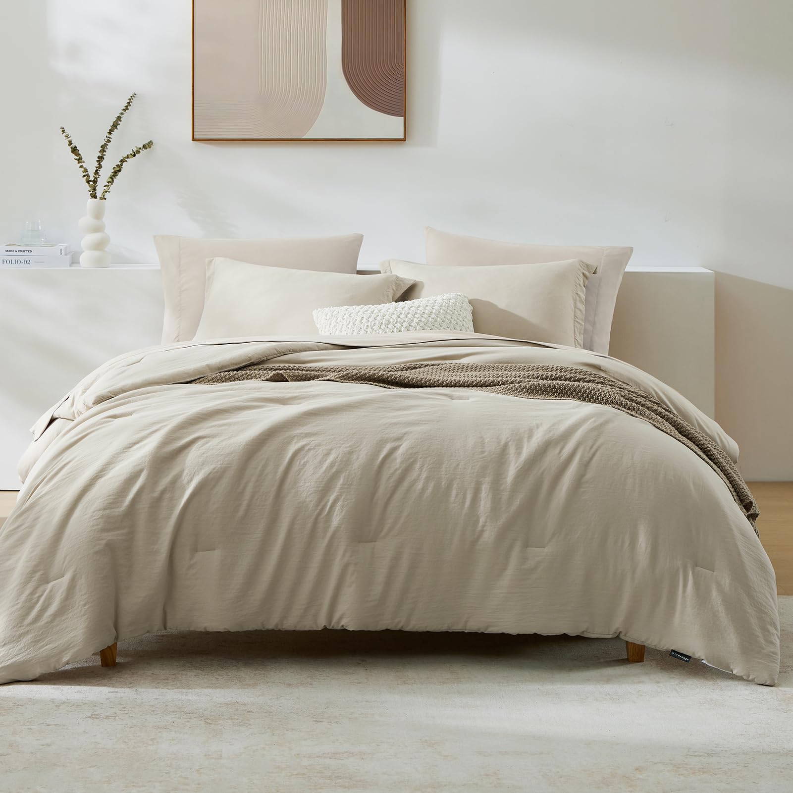 Wrensonge Light Oatmeal Full Size Comforter, 7 Pieces Soft Full Size Comforter Sets- Full Comforter Fitted Sheet, Flat Sheet, 2