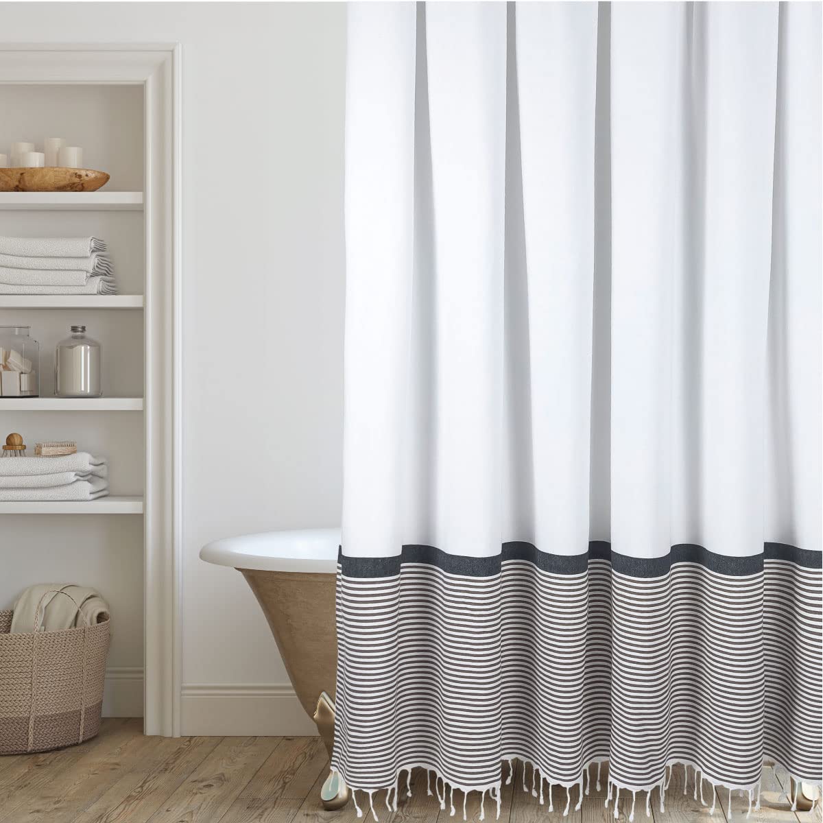 Hall & Perry Modern Farmhouse Tassel Shower Curtain 100% Cotton Striped Fabric Shower Curtain With Tassels For Bathroom D?Or (Ta