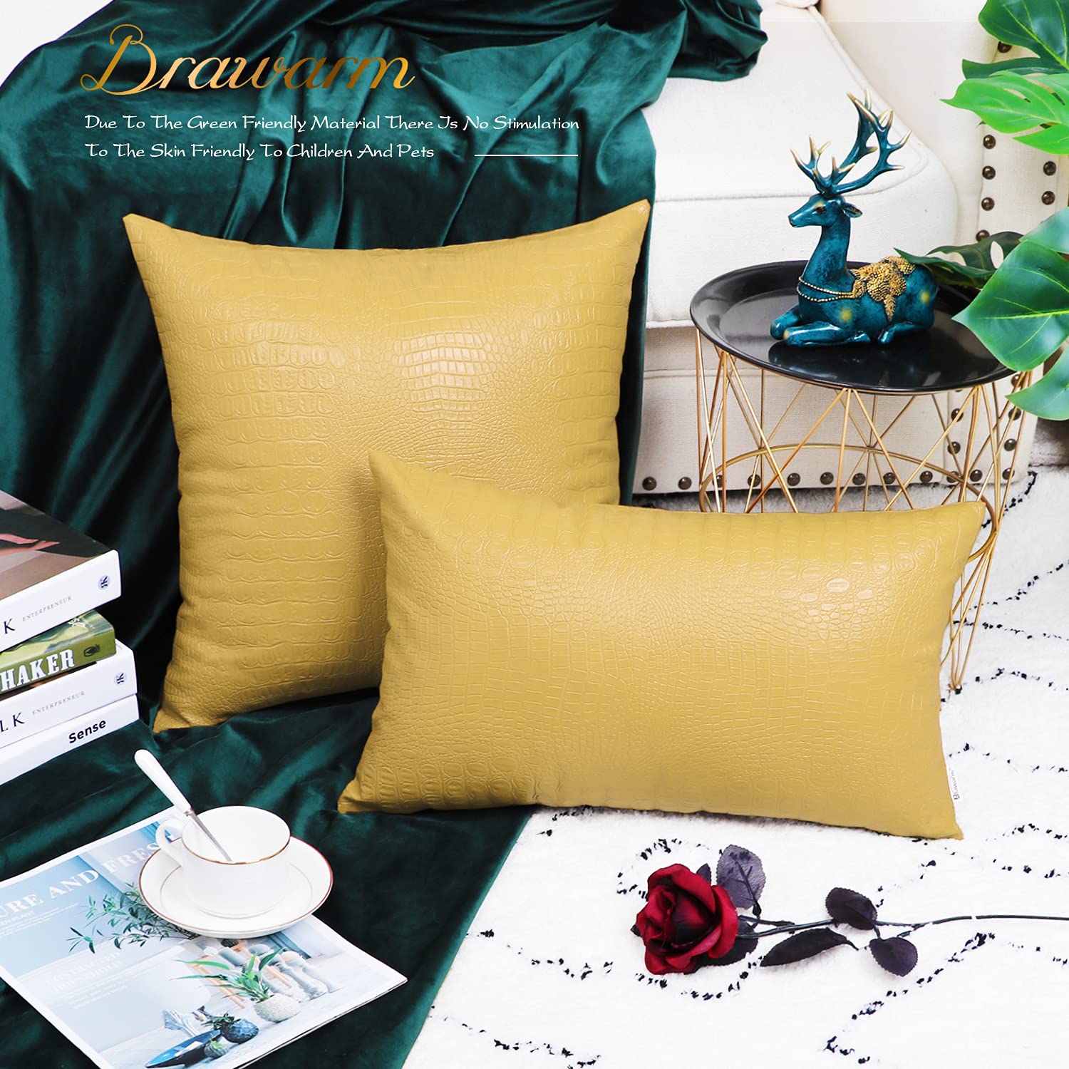 Brawarm Faux Leather Pillow Covers 20 X 20 Inches, Yellow Leather Pillow Covers Pack Of 2, Crocodile Leather Decorative Throw Pi