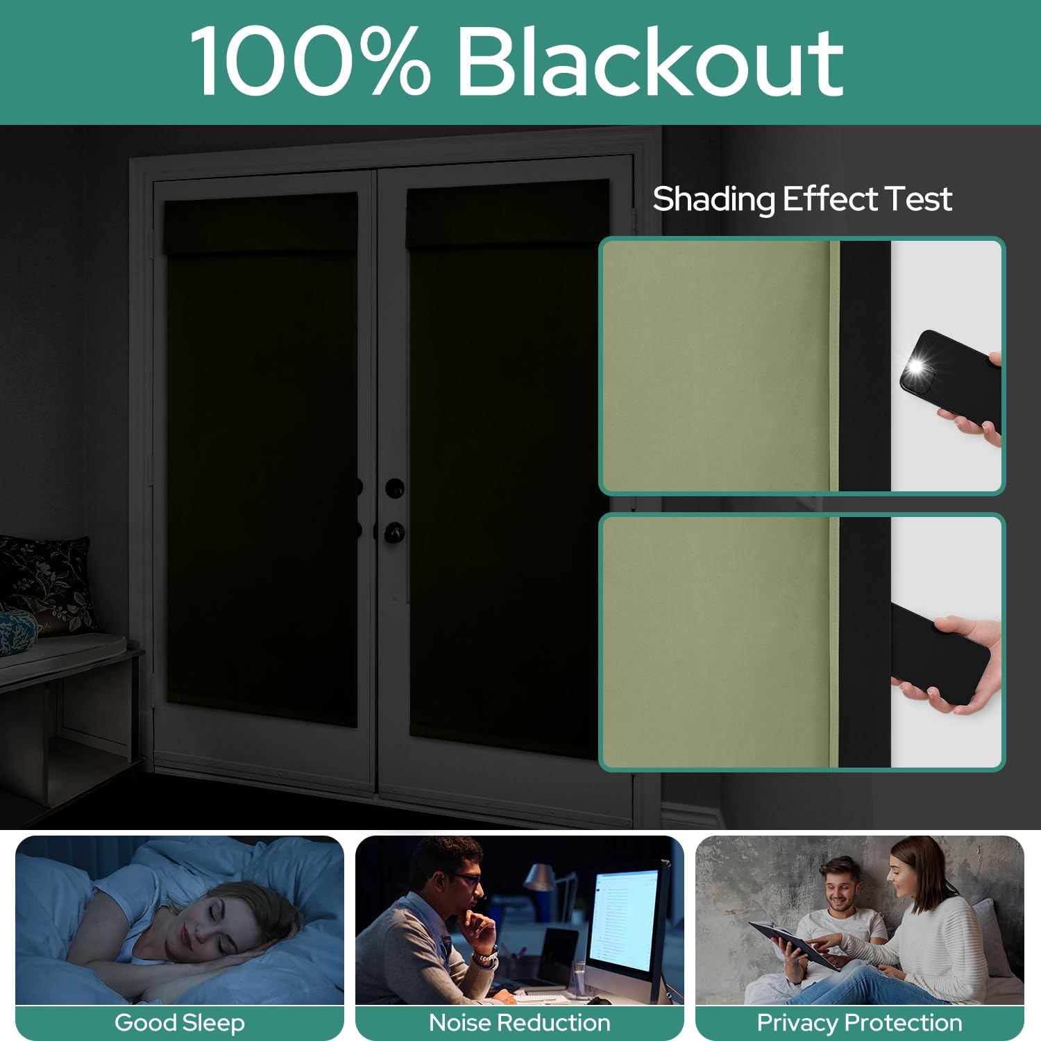 Homeideas 100% Blackout French Door Curtains, Privacy Door Curtains For Window, 30 X 40 Inch Room Darkening Blinds, Thermal Insulated Window Shades For Bedroom, 1 Panel, Sage Green