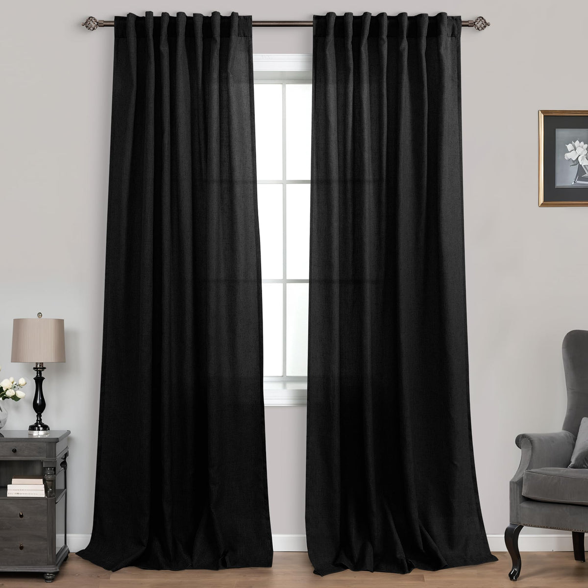Mrs.Naturall Black Linen Curtains 90 Inches Long For Bedroom,Back Tab Privacy Semi Sheer Window Curtain Drapes 90 Inch Length Fo