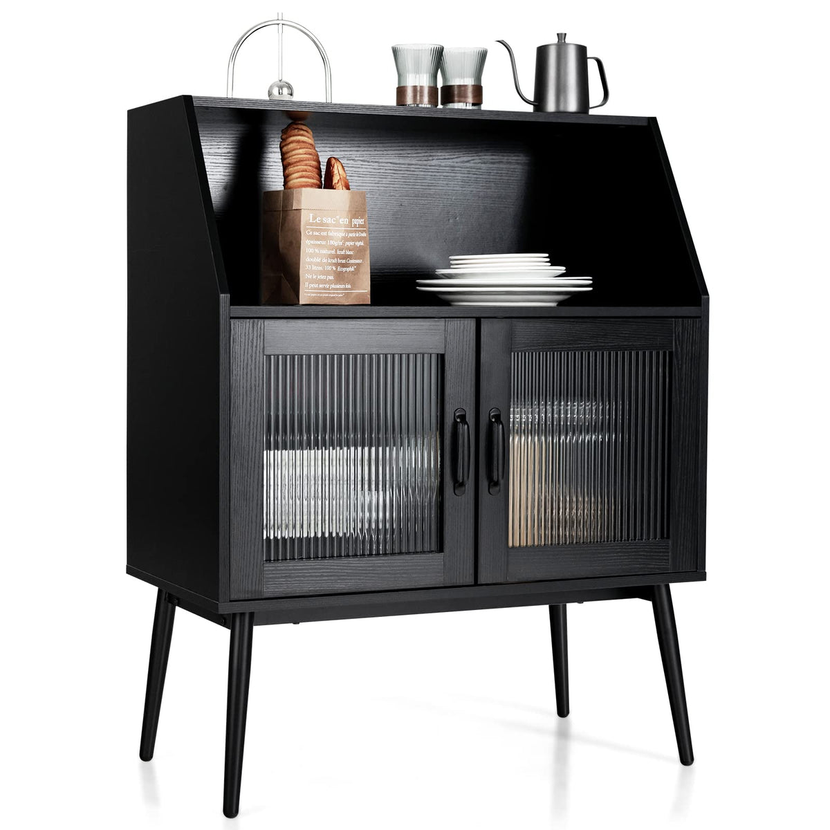 Petsite Sideboard Buffet Storage Cabinet, Kitchen Accent Console Table With Open Shelf & Tempered Glass Door For Dining Room Hallway, Black