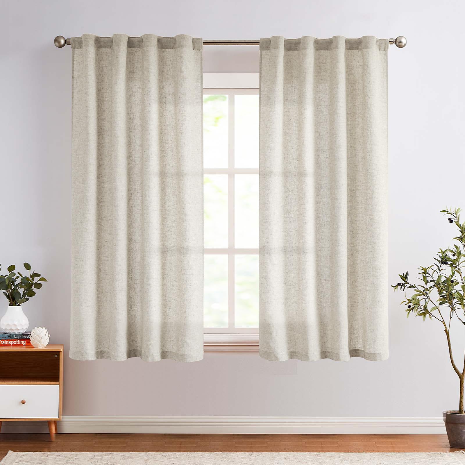 Jinchan Linen Blend Beige Curtains 63 Inches Length For Living Room Farmhouse Rod Pocket Back Tab Light Filtering Window Drapes For Bedroom Curtains Crude 2 Panels