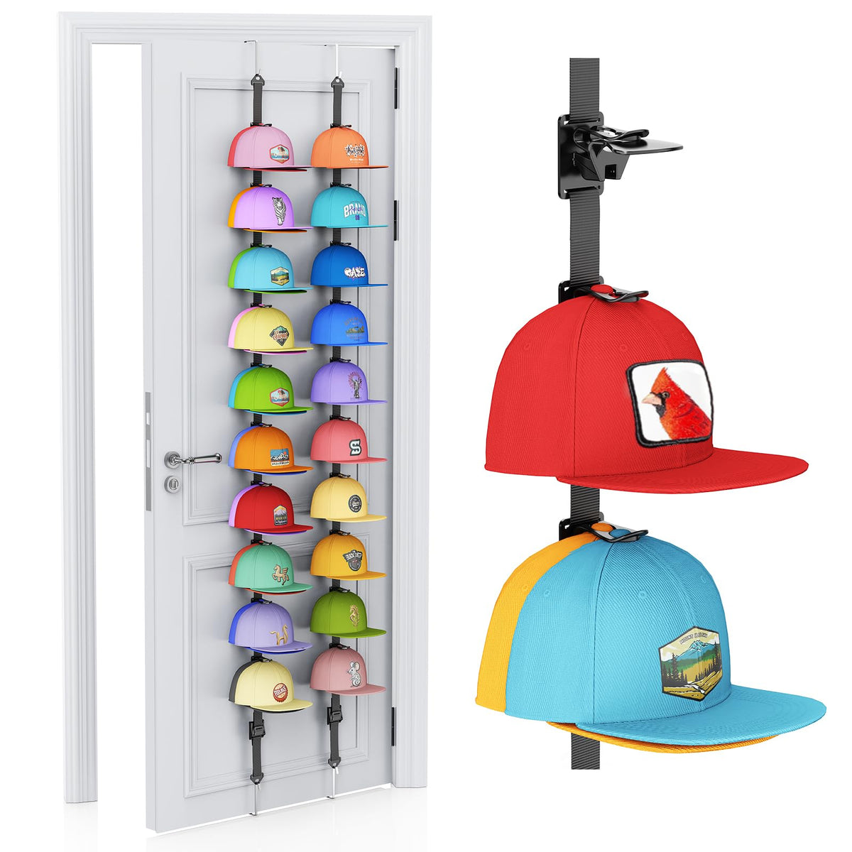 AXU Hat Rack for Door, Hat Organizer for Baseball Caps, Over the Door Hat Storage Organizer  Holds 2040 Caps | Black, 2 Straps