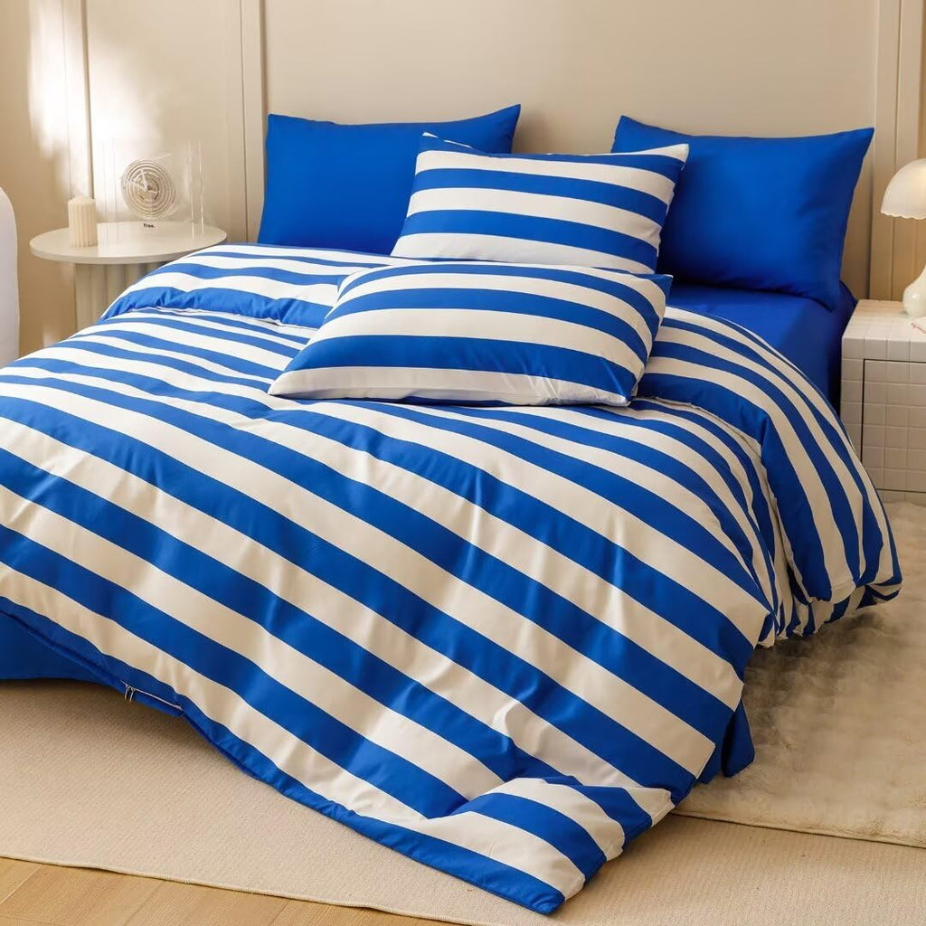 Clothknow Blue White Striped Queen Comforter Set 3Pcs Blue White Bedding Comforter Sets Stripes Comforter Queen Blue Comforter Lightweight Comforter Sets Queen All Season
