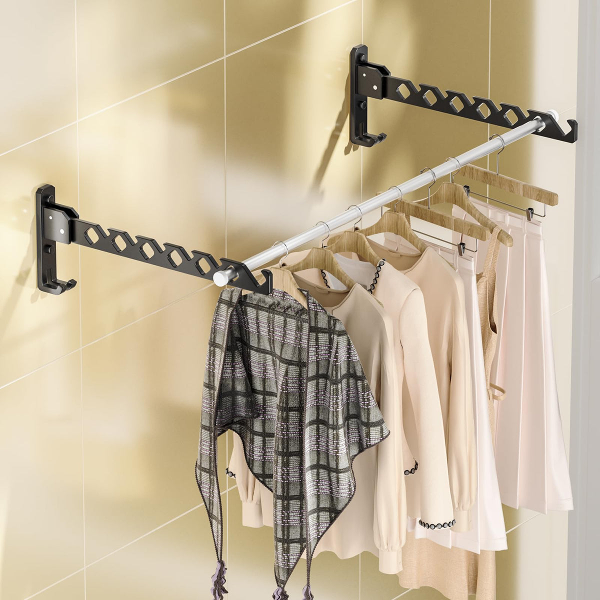 Dr.DJ Wall Mount Coat Hanger Holder Black Clothes Drying Organizer Rack Garment Hooks Aluminium Retractable Folding Indoor Wall 