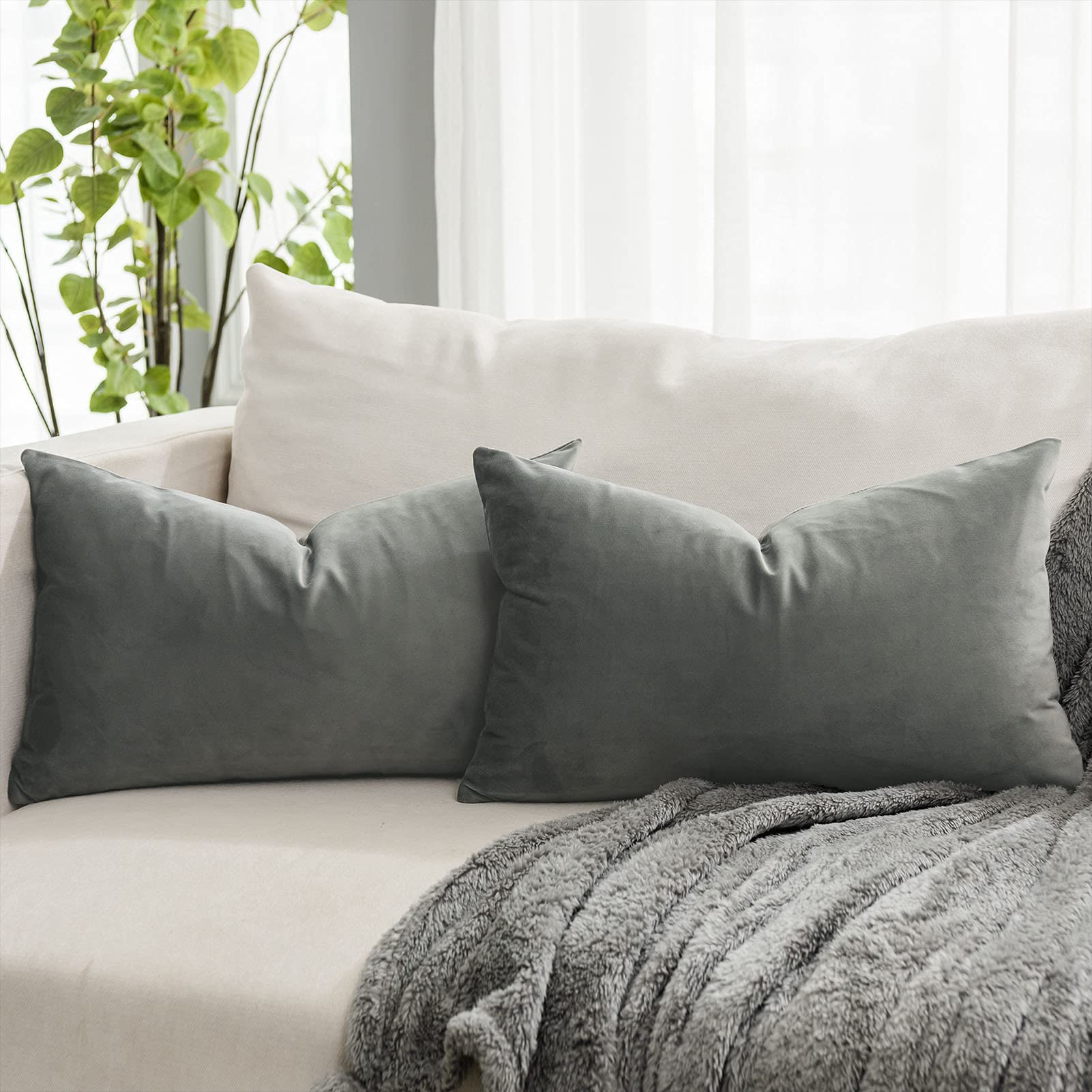 Quafoo Grey Decorative Lumbar Velvet Throw Pillow Covers 16X24 Inch Set Of 2 With Zipper Luxury Soft Solid Rectangle Cushion Cov