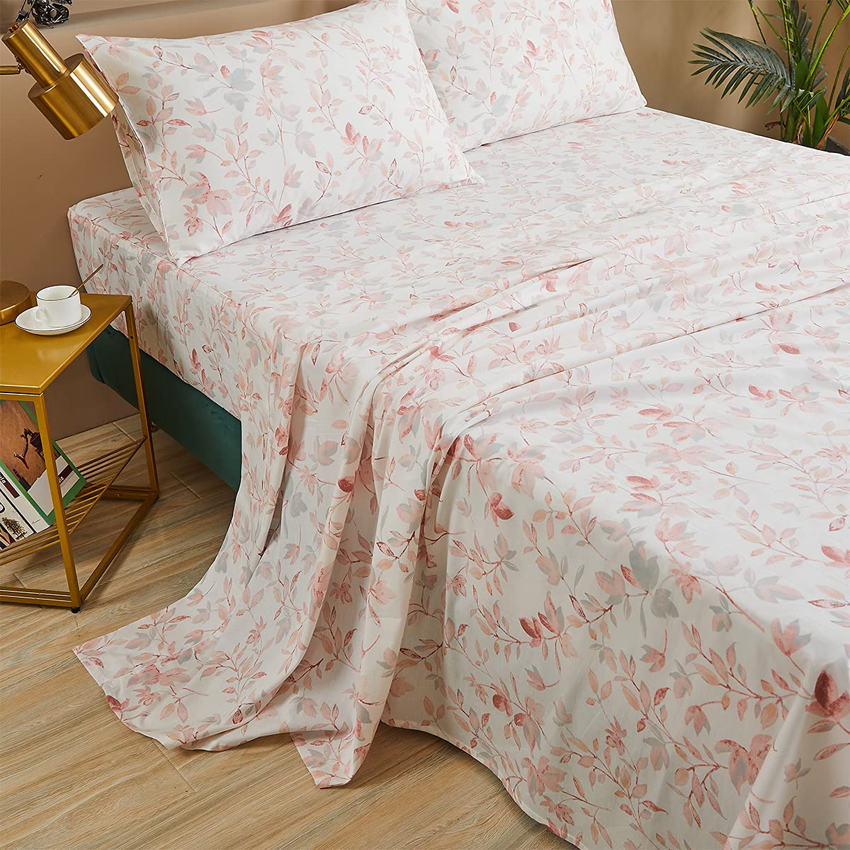Fadfay Cotton Sheets Set Twin, Blush Pink Sheet Set Soft Girls Elegant Floral And Branches Leaves Printed Deep Pocket Fitted She