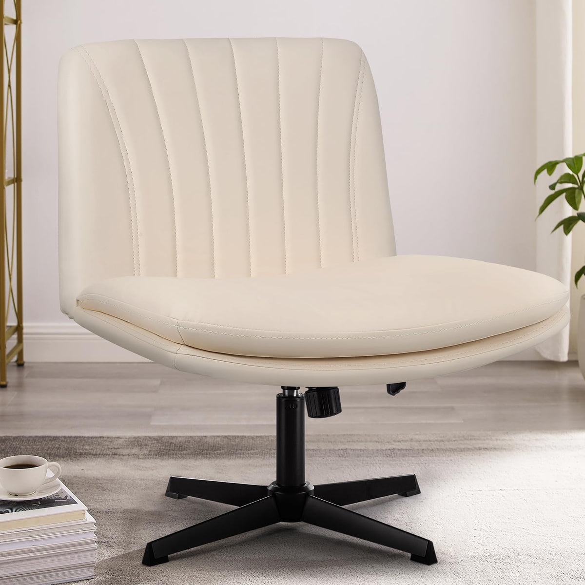 Pukami Criss Cross Legged Office Chair,Armless Office Desk Chair No Wheels,Pu Leather Modern Swivel Vanity Chair,Height Adjustable Wide Seat Mid Back Computer Task Chair For Home Office