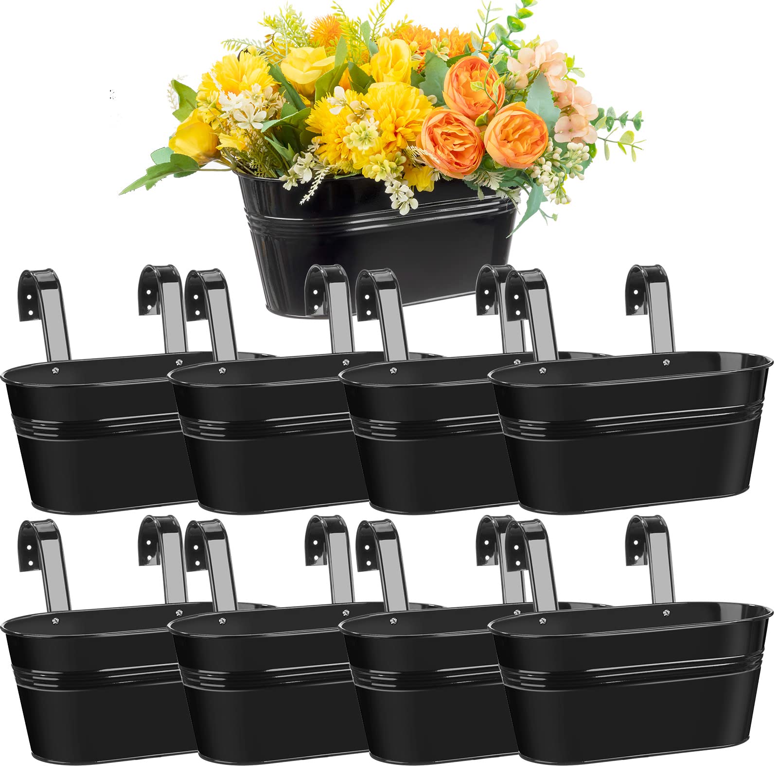 Foaincore 9 Pcs Metal Iron Railing Planter Oval Fence Hanging Flower Pot Garden Balcony Plant Box Holder Indoor Outdoor Hanging