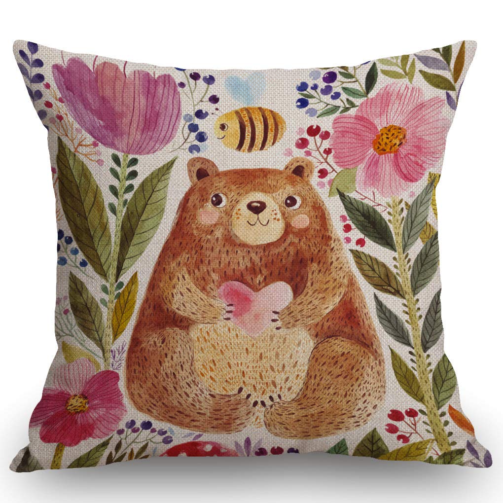 Ssoiu Adorable Bear In Watercolor Floral Cotton Linen Decorative Home Office Throw Pillow Case Couch Cushion Cover 18X18 Inches
