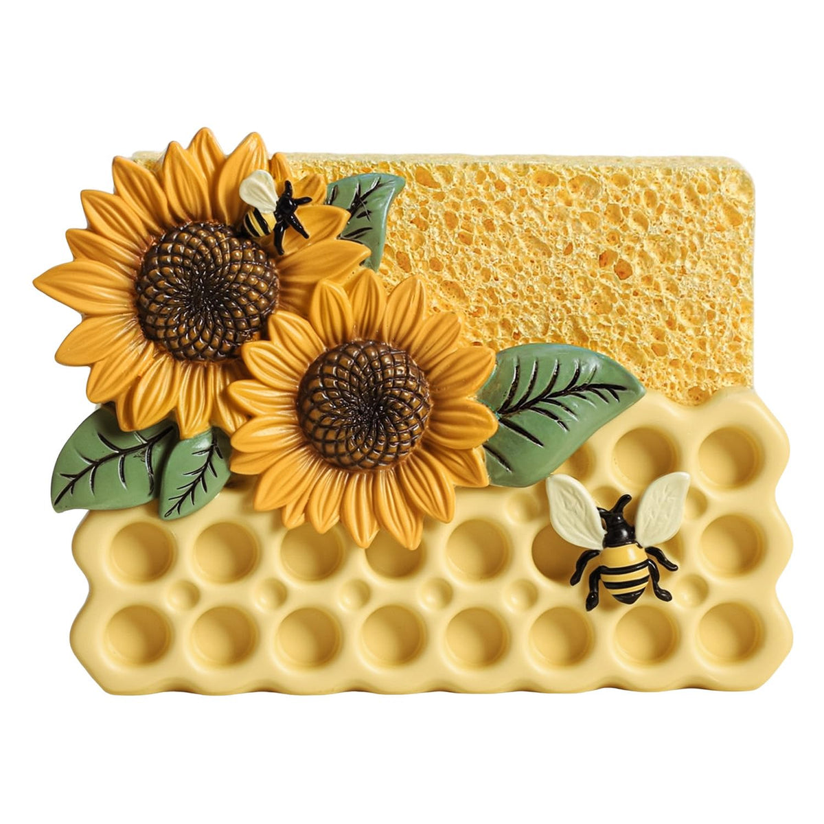 Bicuzat Resin Sunflower Bee and Honeycomb Sponge Holder for Kitchen Sink, Compact Sink Caddy Organizer, Dish Sponge Holder