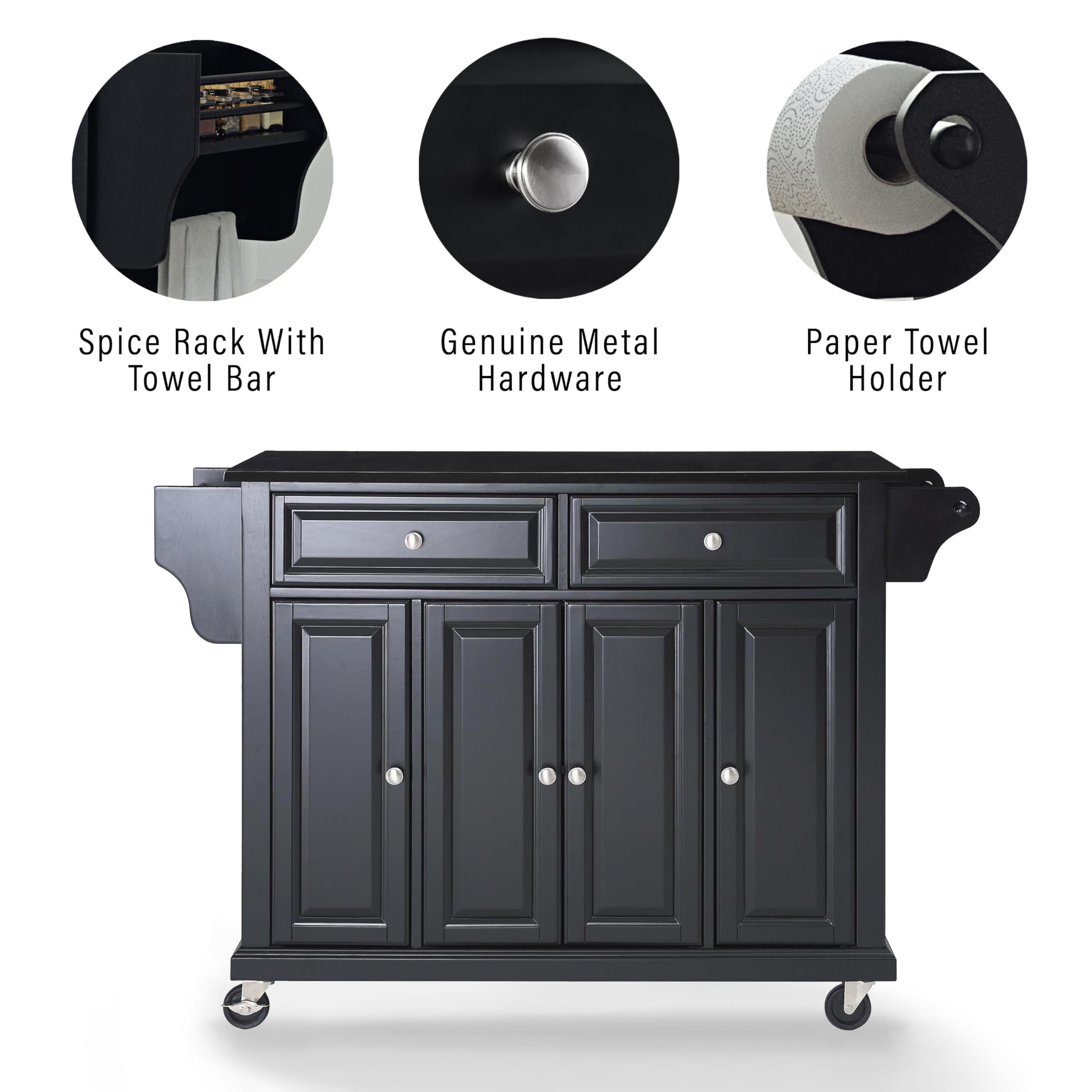 Crosley Furniture Full Size Granite Top Rolling Kitchen Island Storage Cart, Microwave Stand, Spice Rack, Black