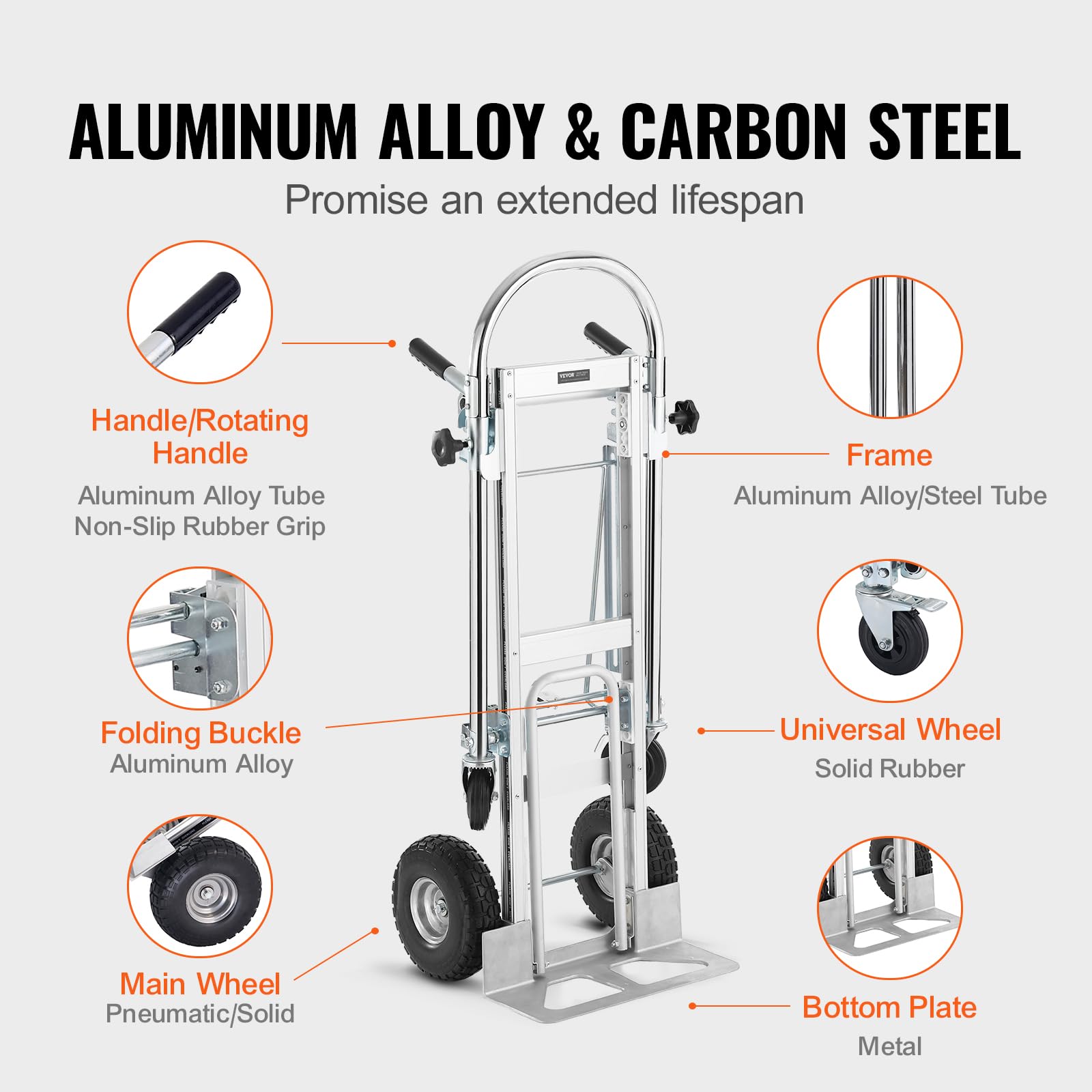 Vevor Aluminum Folding Hand Truck, 4 In 1 Design 1000 Lbs Capacity, Heavy Duty Industrial Collapsible Cart, Dolly Cart With Rubb