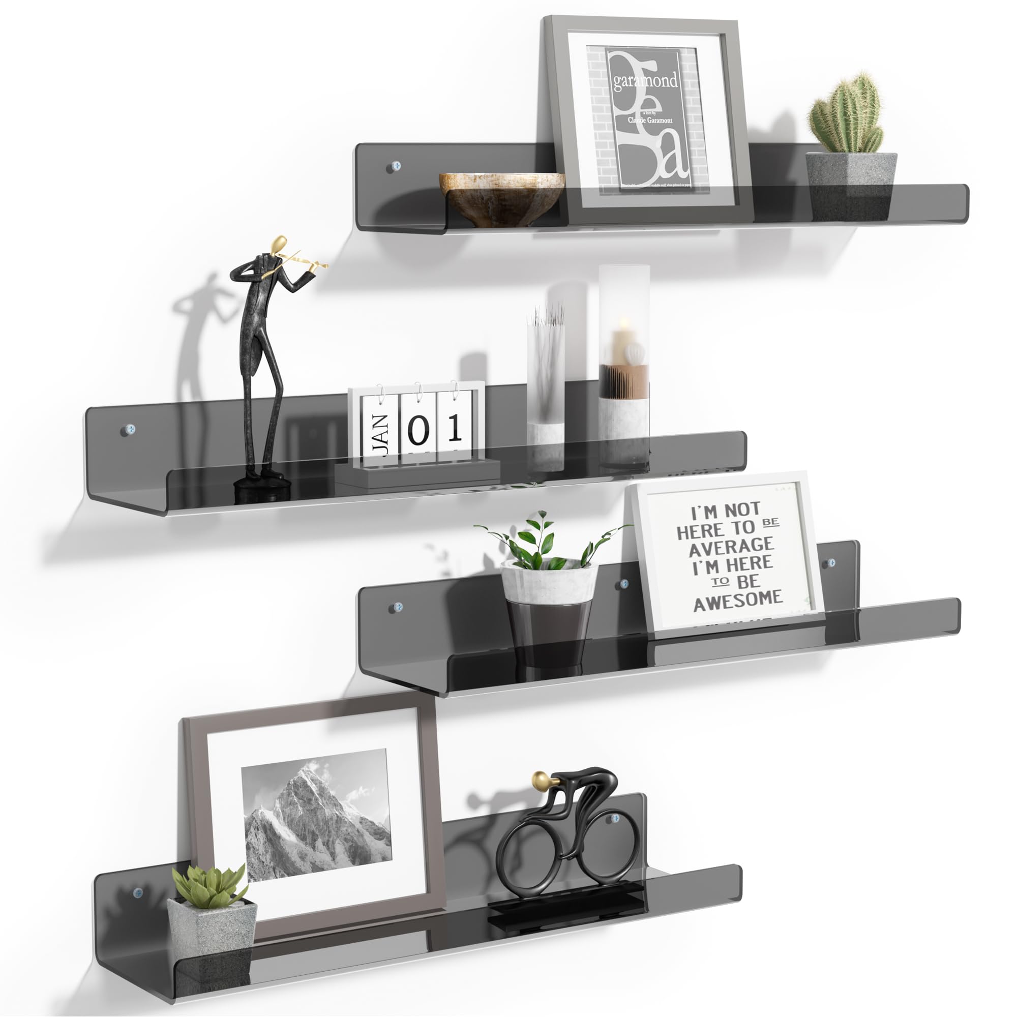 upsimples 4 Pack Acrylic Shelves for Wall Storage, 15 Floating Bookshelves for Kids, Display Shelf Organizer for Bathroom, Bedro
