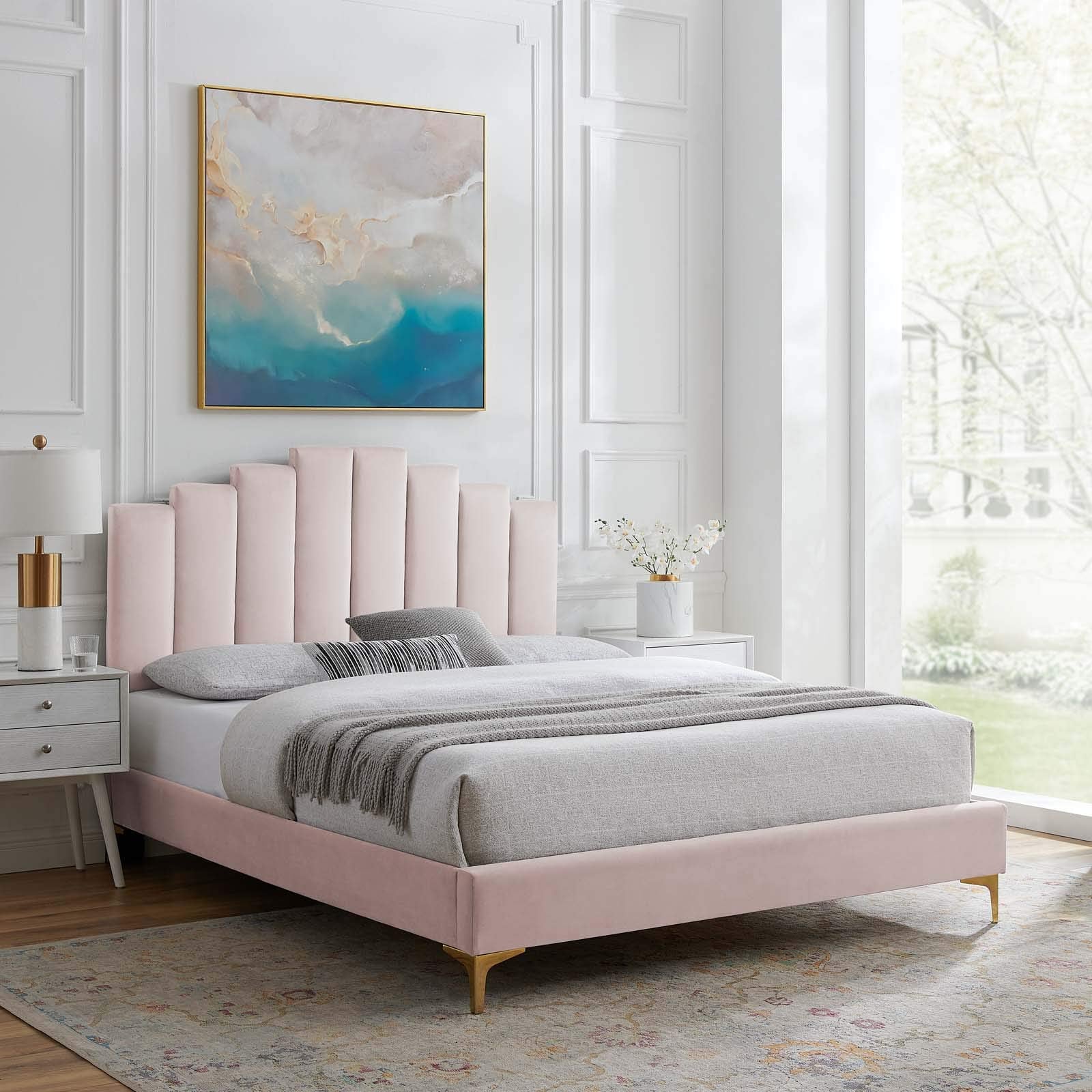 Modway Elise Channel Tufted Performance Velvet King Platform Bed In Pink With Gold Metal Legs