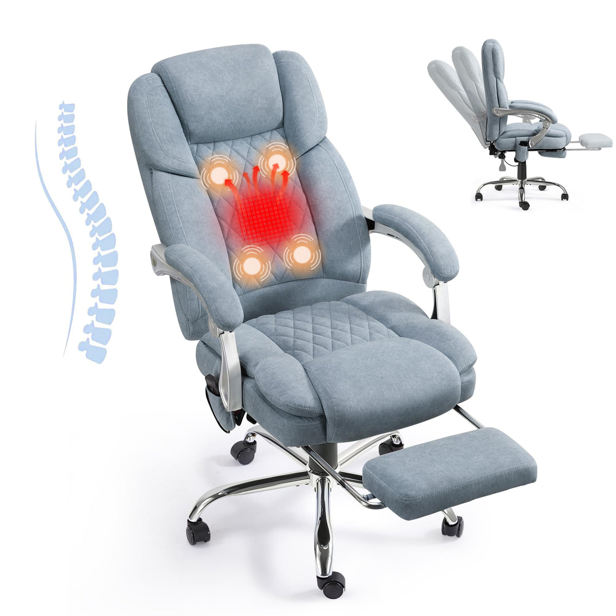 Homrest 4-Point Massage Office Chair With Footrest, Heated Executive Office Chair With Reclining Backrest, Velvet Ergonomic Comp