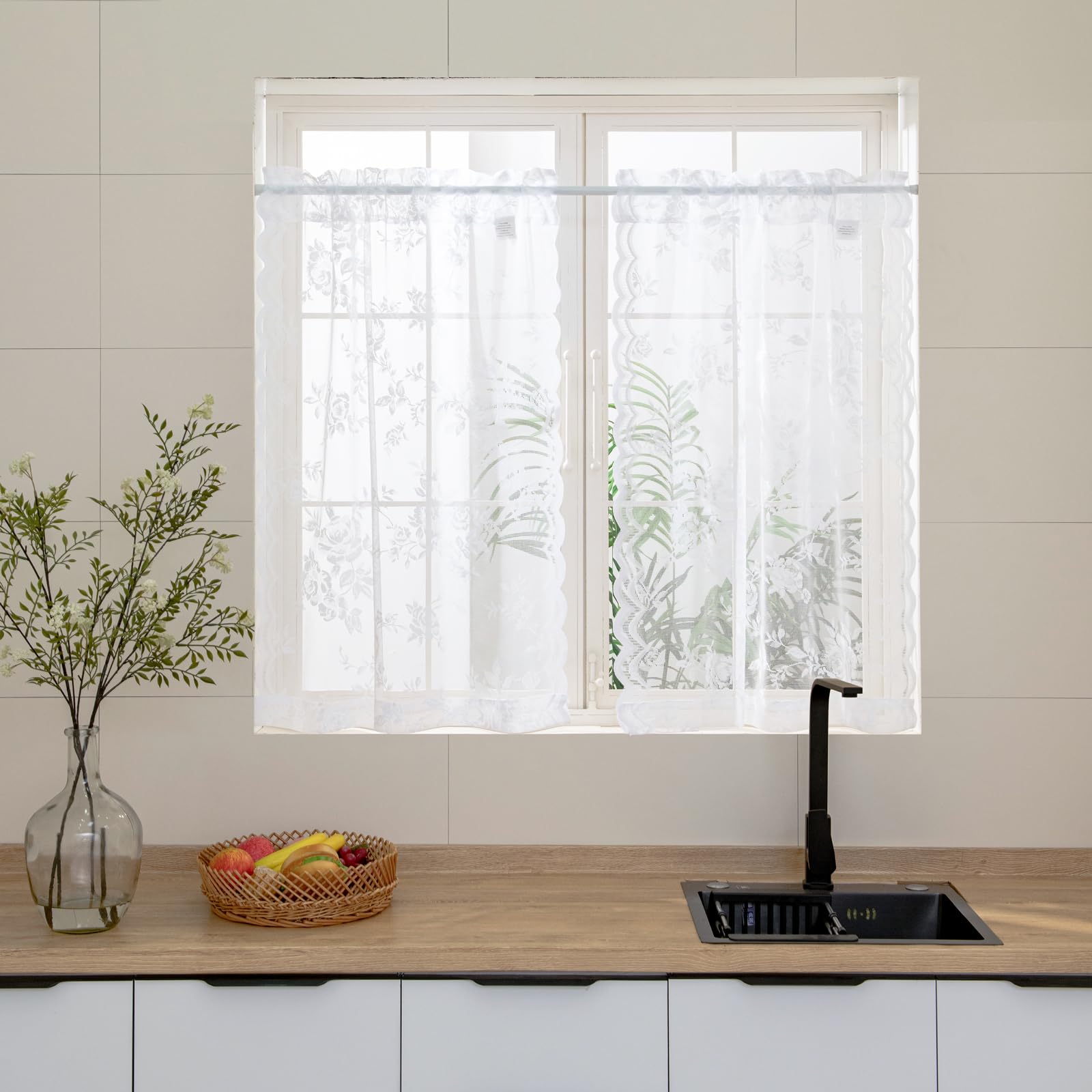 White Lace Cafe Curtains 24 Inch Length 2 Panels set Country Floral Sheer Curtains Rod Pocket Short Kitchen Curtains Decor Light