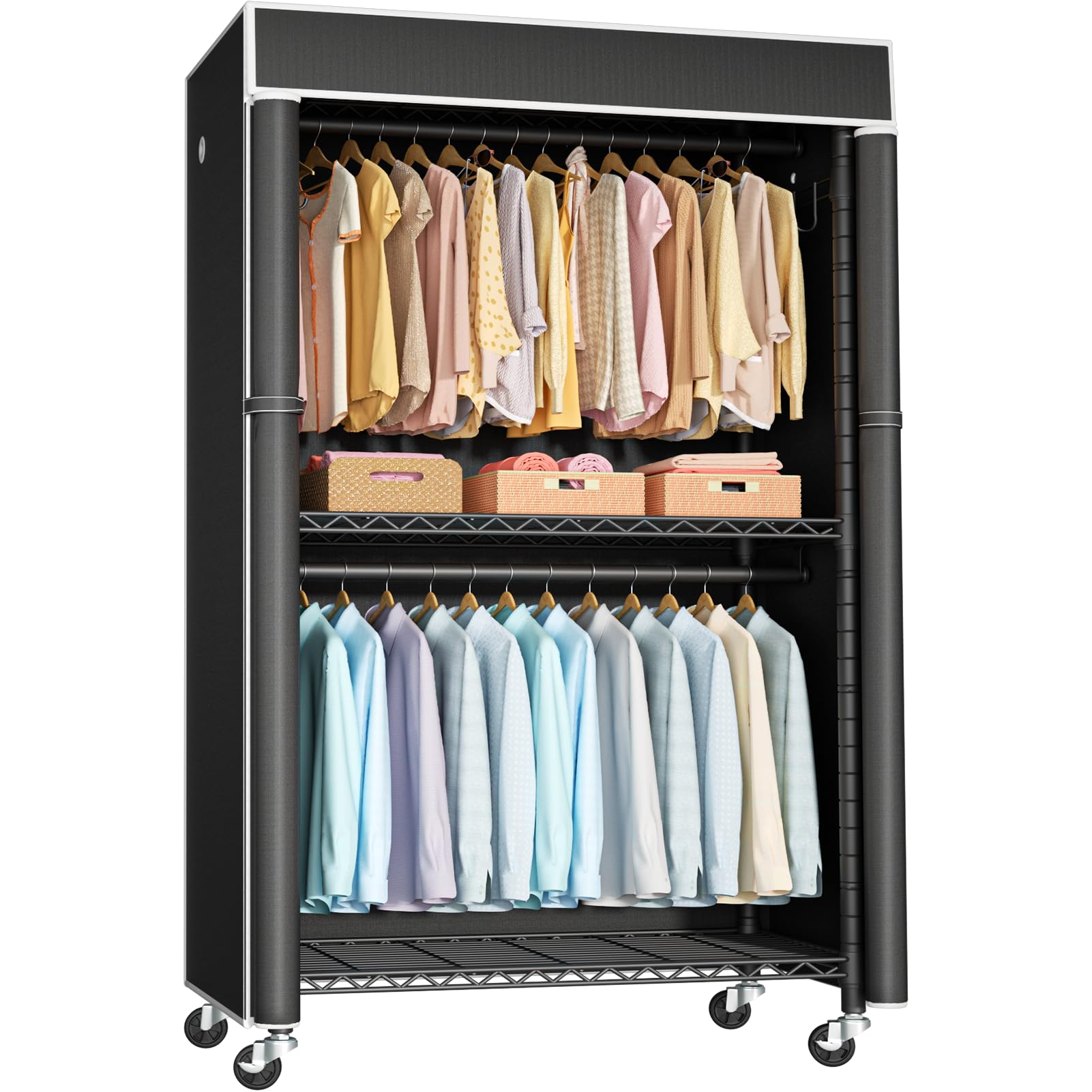 FUTASSI White Clothing Rack with Grey Cover, P1C Rolling Closet Rack with Wheels, Metal Garment Rack for Hanging Clothes, Clothi