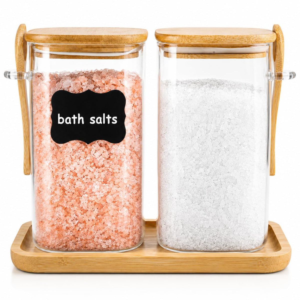 Glass Bath Salt Jars,40oz Bath Salt Container with Scoop and Airtight Lid,Clear Bathroom Salts Cellar Set for Jars with Tray,Lab