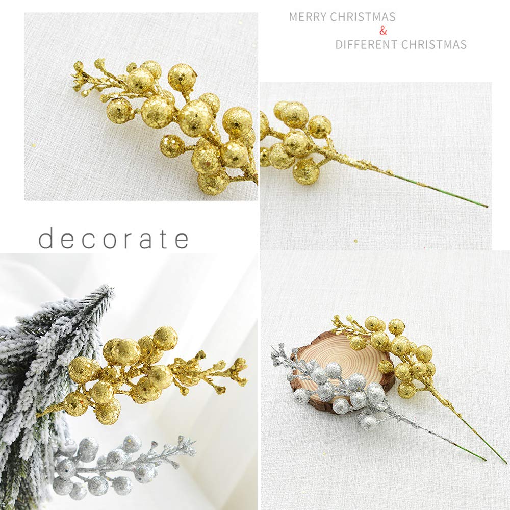 Dearhouse 14 Pack Christmas Glitter Berries Stems, 7.8Inch Artificial Christmas Picks For Christmas Tree Ornaments, Diy Xmas Wre