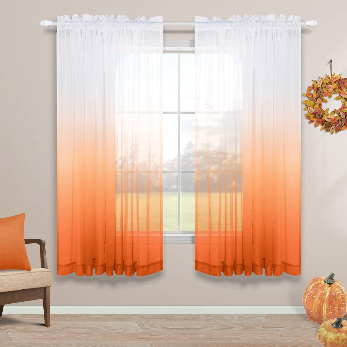 Fall Halloween Decorations Curtains For Living Room Home Decor Set 2 Panels Autumn Window Treatment Rod Pocket Voile Ombre Elega