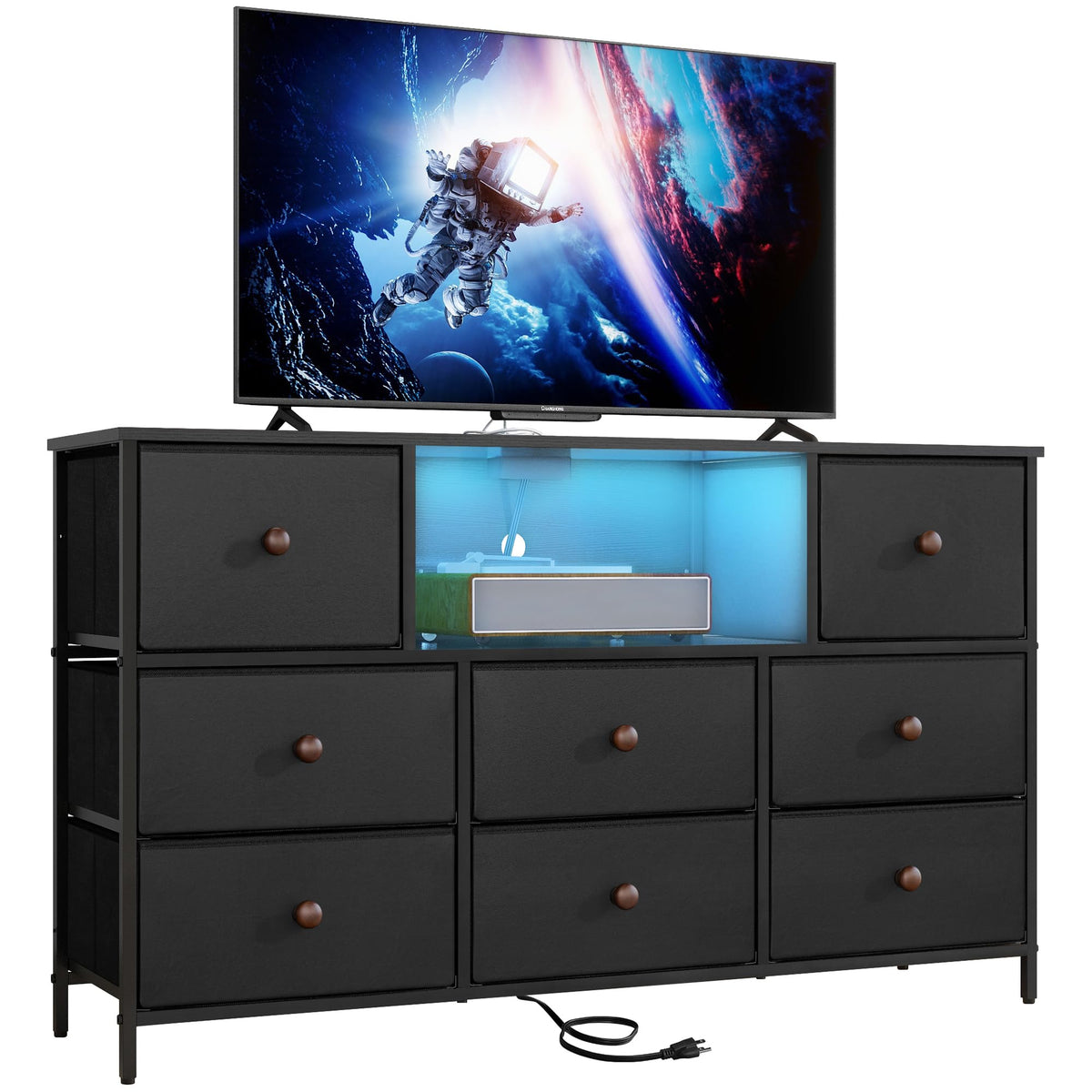 Lyncohome Black Dresser With Power Outlets And Led Lights, 43' W Dresser Tv Stand With 8 Drawers, Fabric Chest Of Drawers For Bedroom, Living Room, Entryway